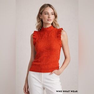 Who What Wear XS Rust Textured Knit Sleeveless Mock Neck Ruffle Top